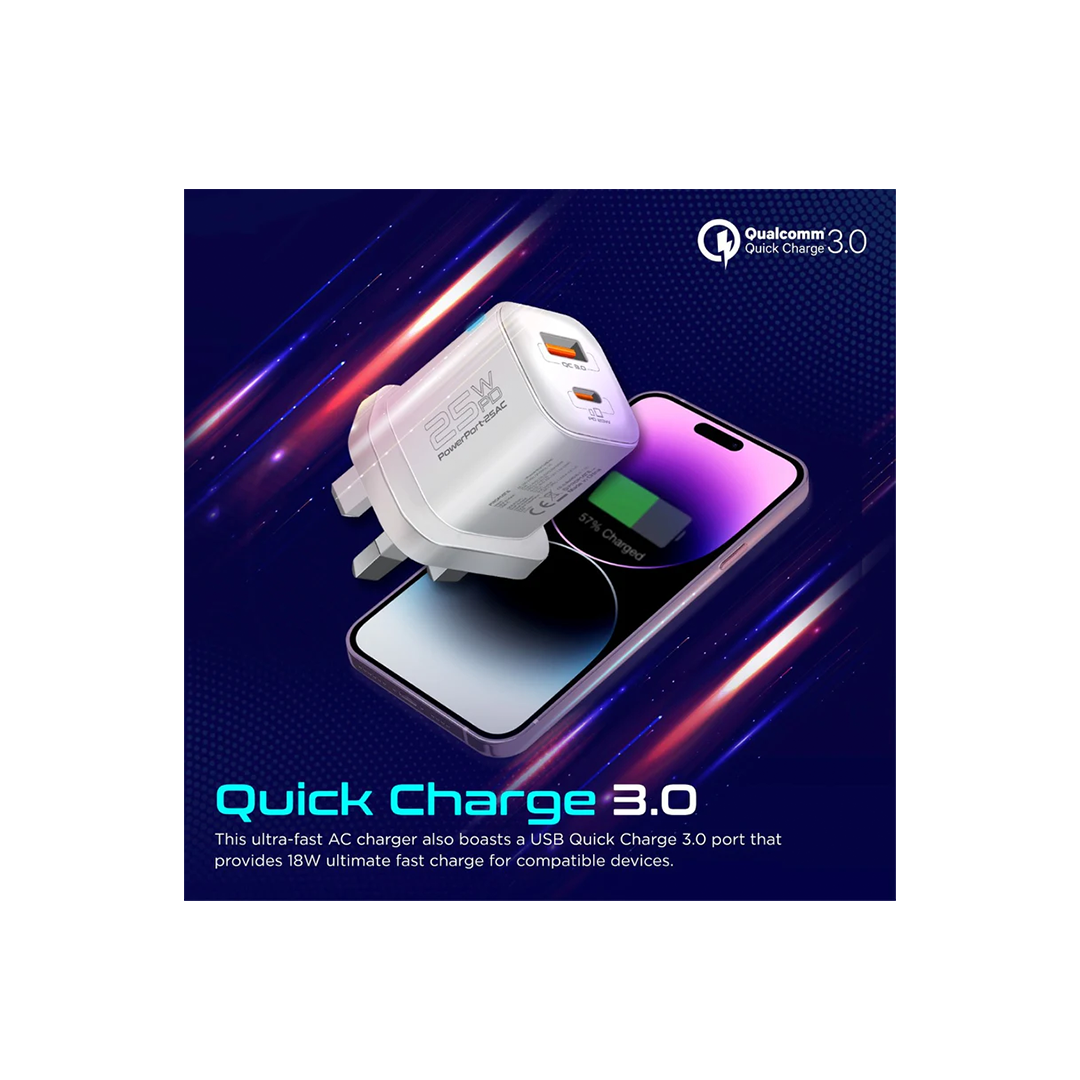 Promate PowerPort-25AC Ultra-Fast Dual Port AC Charger with 25W Power Delivery and QC 3.0 - White in Qatar Promate PowerPort-25AC Ultra-Fast Dual Port AC Charger with 25W Power Delivery and QC 3.0 - White in Qatar
